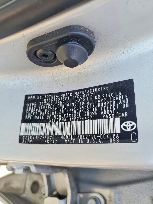 51295486 :رقم المزاد ، 5YFEPMAE1NP274467 vin ، 2022 Toyota Corolla مزاد بيع