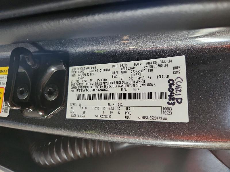 48003016 :رقم المزاد ، 1FTEW1C55KKC98831 vin ، 2019 Ford F150 مزاد بيع