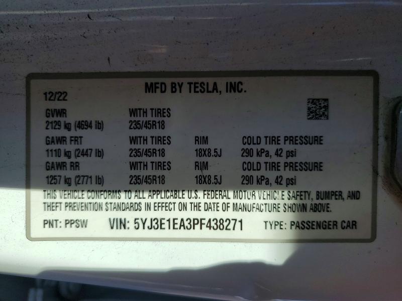 Продаж на аукціоні авто 2023 Tesla 3, vin: 5YJ3E1EA3PF438271, номер лоту: 48162966