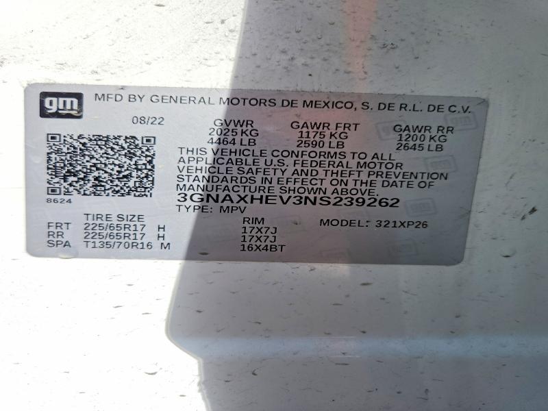 47175226 :رقم المزاد ، 3GNAXHEV3NS239262 vin ، 2022 Chevrolet Equinox مزاد بيع