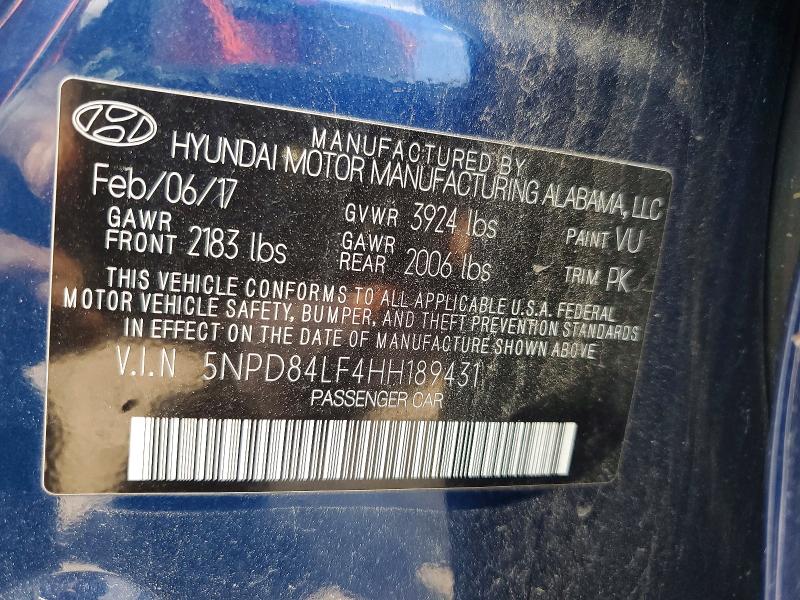 51081886 :رقم المزاد ، 5NPD84LF4HH189431 vin ، 2017 Hyundai Elantra مزاد بيع