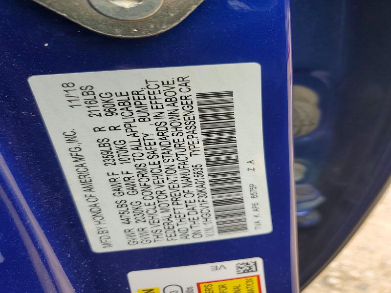 51418376 :رقم المزاد ، 1HGCV1F30KA015635 vin ، 2019 Honda Accord مزاد بيع