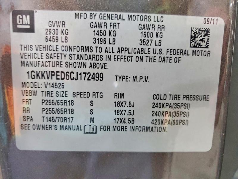 51331206 :رقم المزاد ، 1GKKVPED6CJ172499 vin ، 2012 Gmc Acadia مزاد بيع