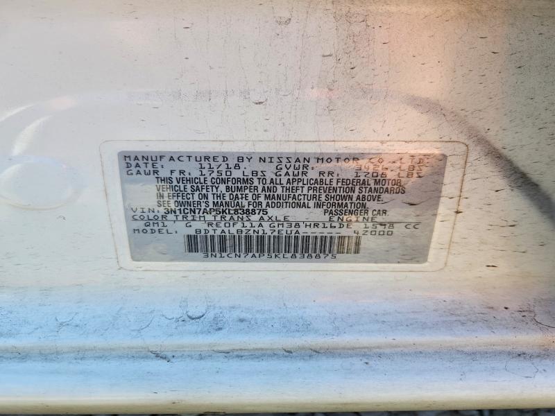 50658766 :رقم المزاد ، 3N1CN7AP5KL838875 vin ، 2019 Nissan Versa مزاد بيع