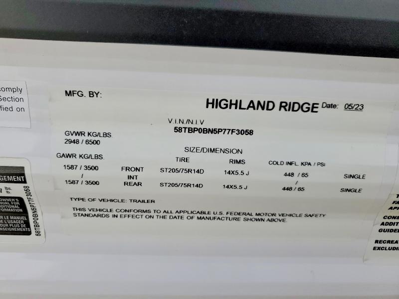 2023 Highland Ridge Go Play მანქანა იყიდება აუქციონზე, vin: 58TBP0BN5P77F3058, აუქციონის ნომერი: 49882096