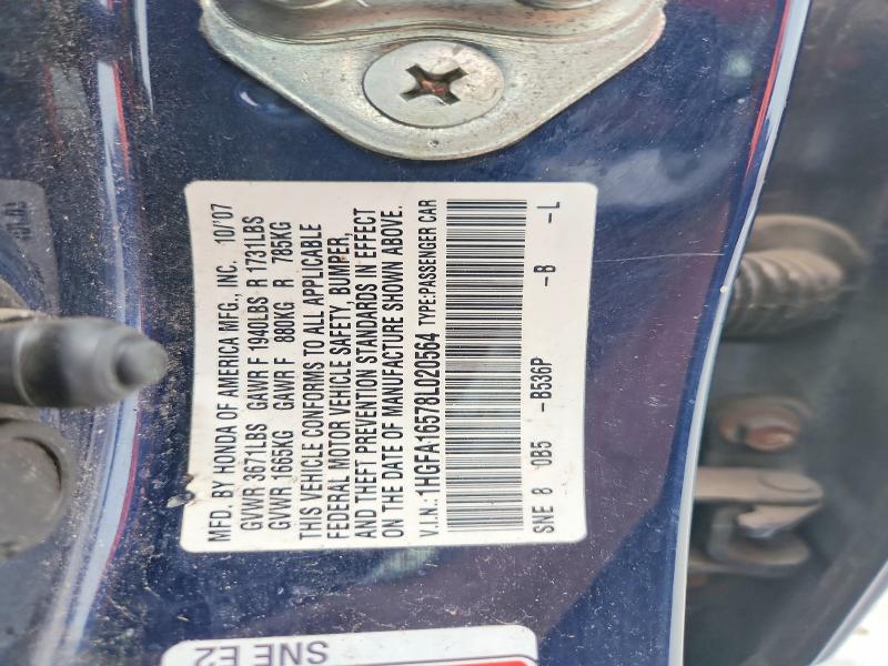 2008 Honda Civic მანქანა იყიდება აუქციონზე, vin: 1HGFA16578L020564, აუქციონის ნომერი: 51446186