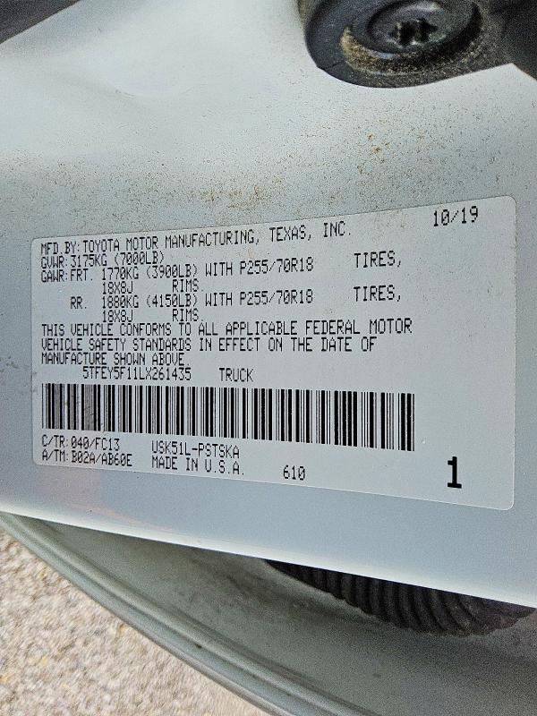 50854136 :رقم المزاد ، 5TFEY5F11LX261435 vin ، 2020 Toyota Tundra مزاد بيع