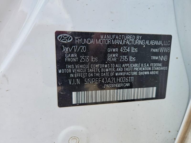 51175636 :رقم المزاد ، 5NPEF4JA2LH026111 vin ، 2020 Hyundai Sonata مزاد بيع