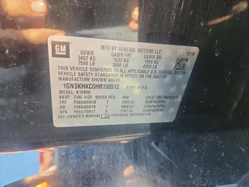 Auction sale of the 2017 Chevrolet Suburban, vin: 1GNSKHKC6HR198512, lot number: 50122916