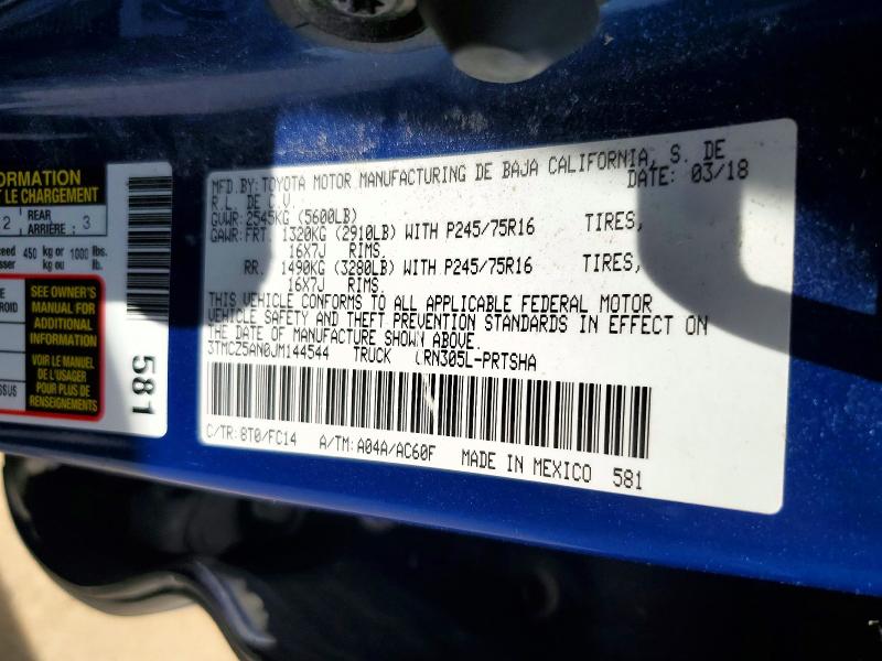 50899876 :رقم المزاد ، 3TMCZ5AN0JM144544 vin ، 2018 Toyota Tacoma مزاد بيع