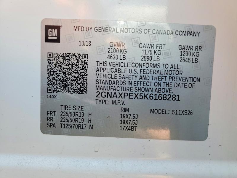 Aukcja sprzedaży 2019 Chevrolet Equinox, vin: 2GNAXPEX5K6168281, numer aukcji: 51086056