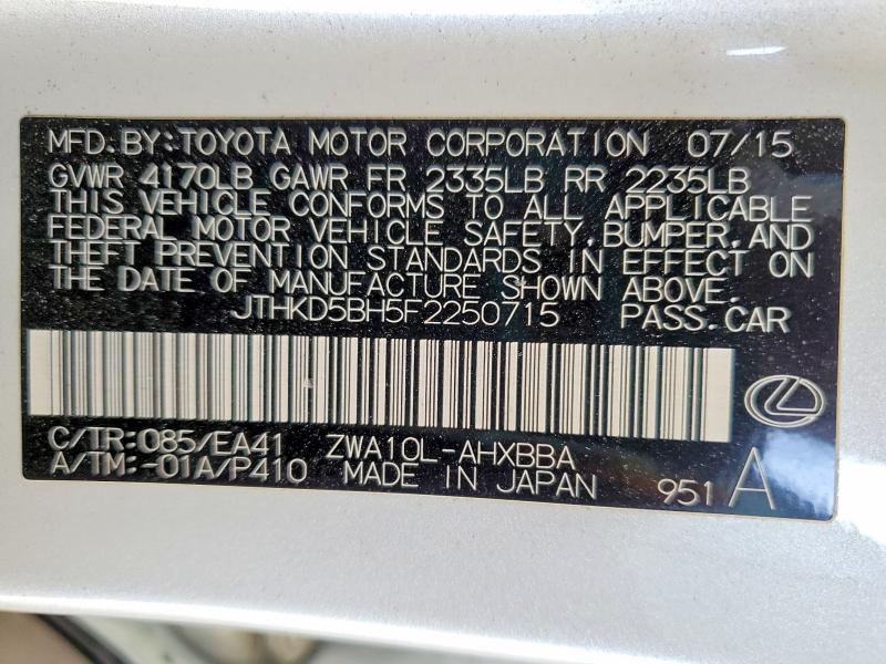 48920196 :رقم المزاد ، JTHKD5BH5F2250715 vin ، 2015 Lexus Ct 200h مزاد بيع