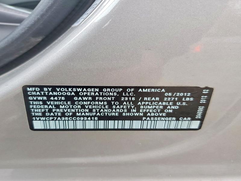 Aukcja sprzedaży 2012 Volkswagen Passat, vin: 1VWCP7A35CC093415, numer aukcji: 51128486