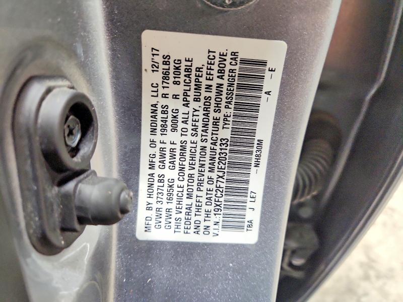 Продажа на аукционе авто 2018 Honda Civic, vin: 19XFC2F7XJE203133, номер лота: 50649236