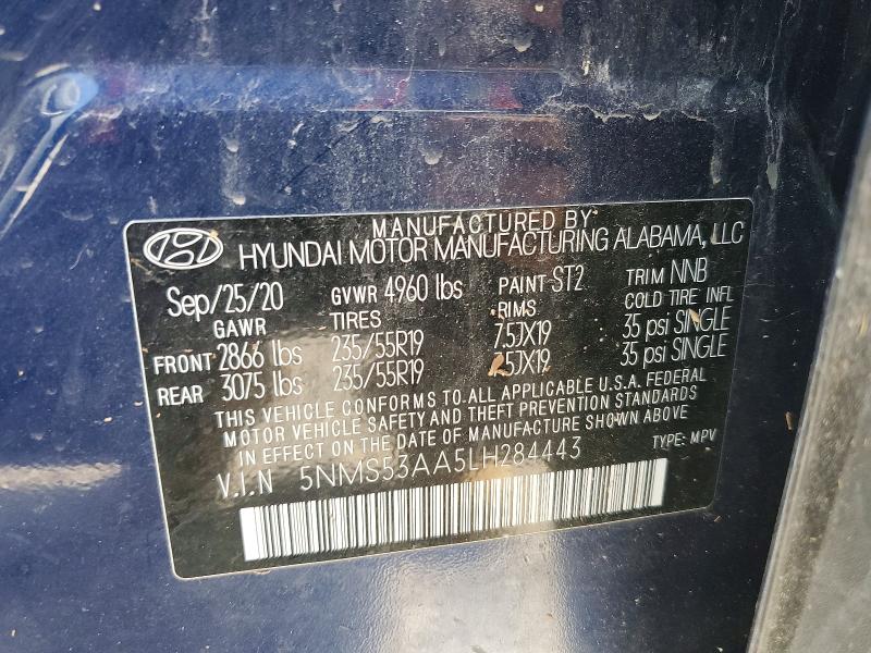 2020 Hyundai Santa Fe მანქანა იყიდება აუქციონზე, vin: 5NMS53AA5LH284443, აუქციონის ნომერი: 49680536
