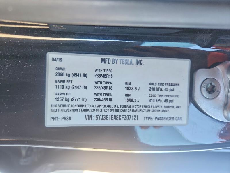 48573856 :رقم المزاد ، 5YJ3E1EA8KF307121 vin ، 2019 Tesla Model 3 مزاد بيع