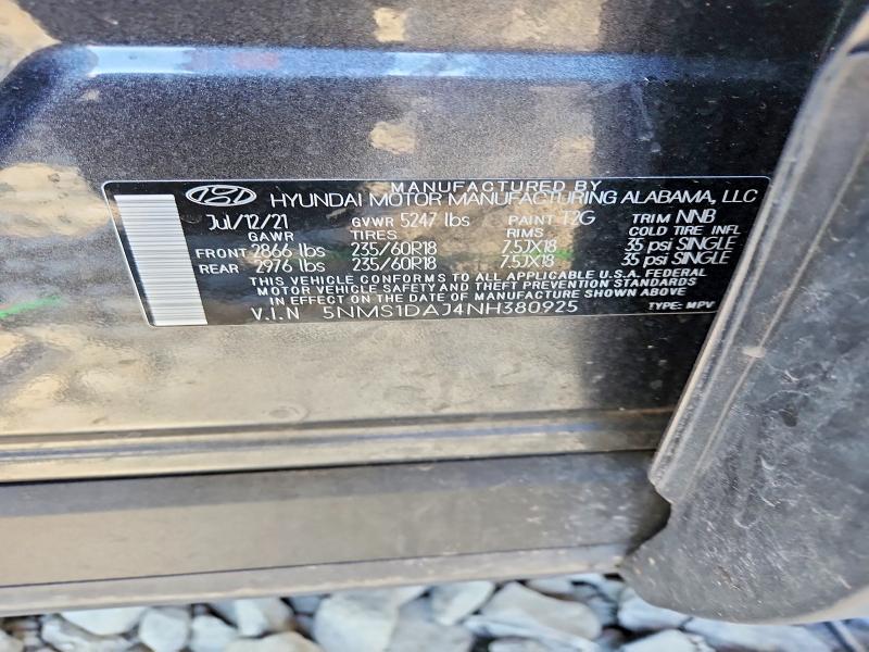 2022 Hyundai Santa Fe მანქანა იყიდება აუქციონზე, vin: 5NMS1DAJ4NH380925, აუქციონის ნომერი: 49379136