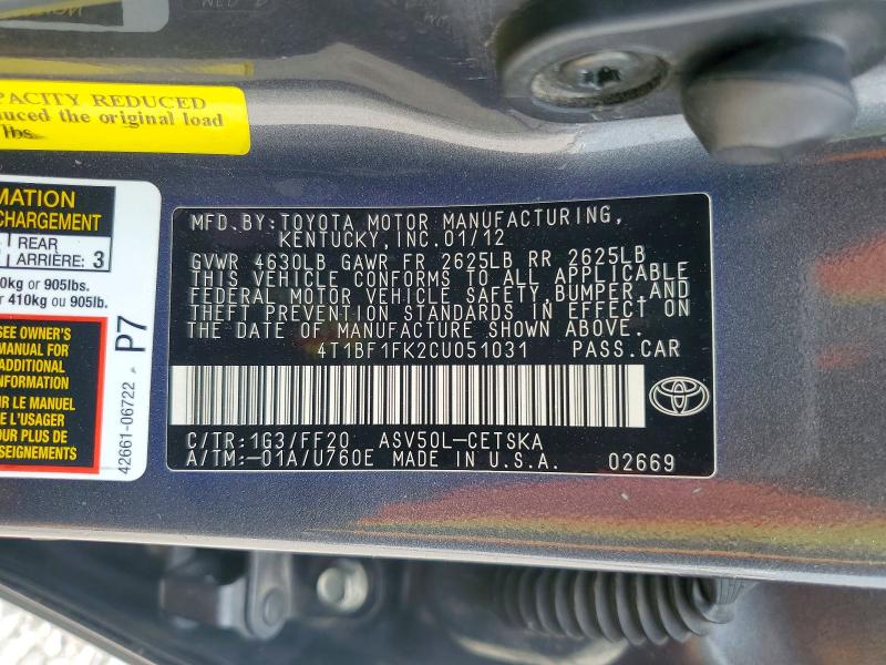 51463316 :رقم المزاد ، 4T1BF1FK2CU051031 vin ، 2012 Toyota Camry مزاد بيع