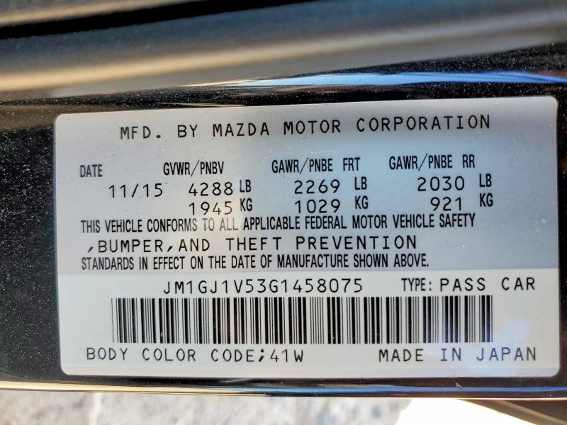 2016 Mazda Mazda6 I მანქანა იყიდება აუქციონზე, vin: JM1GJ1V53G1458075, აუქციონის ნომერი: 49175886