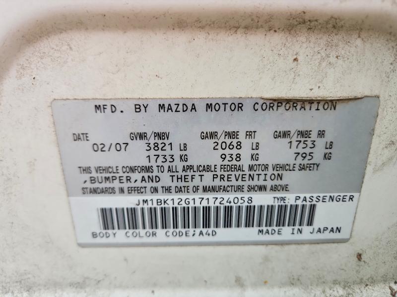2007 Mazda 3 მანქანა იყიდება აუქციონზე, vin: JM1BK12G171724058, აუქციონის ნომერი: 49772226