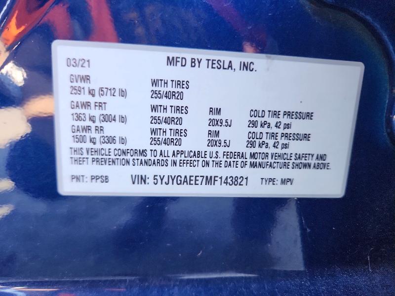 2021 Tesla Model Y მანქანა იყიდება აუქციონზე, vin: 5YJYGAEE7MF143821, აუქციონის ნომერი: 48306446