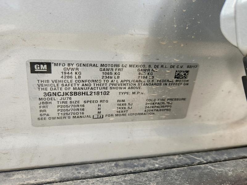 2017 Chevrolet Trax მანქანა იყიდება აუქციონზე, vin: 3GNCJKSB8HL218102, აუქციონის ნომერი: 51591666
