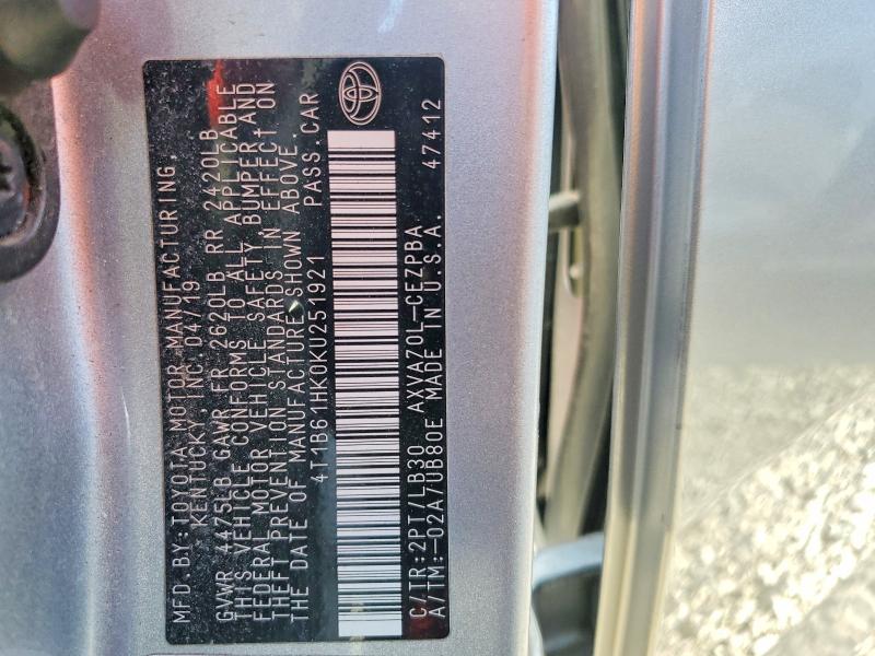 50964466 :رقم المزاد ، 4T1B61HK0KU251921 vin ، 2019 Toyota Camry مزاد بيع