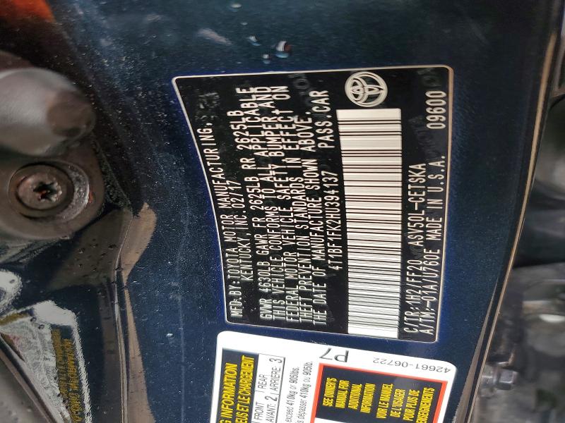 Aukcja sprzedaży 2017 Toyota Camry, vin: 4T1BF1FK2HU394137, numer aukcji: 50075156