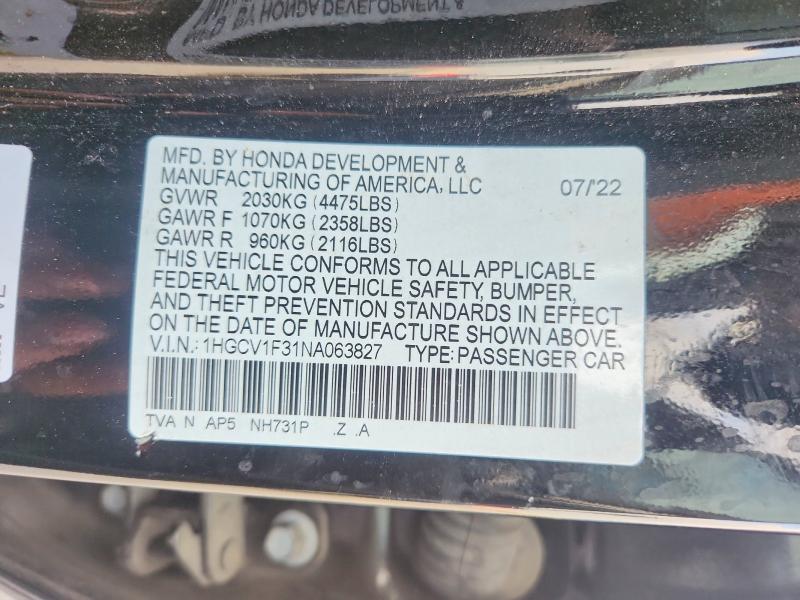 48711186 :رقم المزاد ، 1HGCV1F31NA063827 vin ، 2022 Honda Accord مزاد بيع