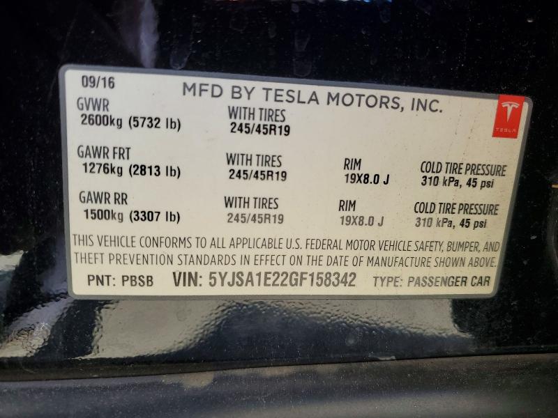 2016 Tesla Model S მანქანა იყიდება აუქციონზე, vin: 5YJSA1E22GF158342, აუქციონის ნომერი: 49298776