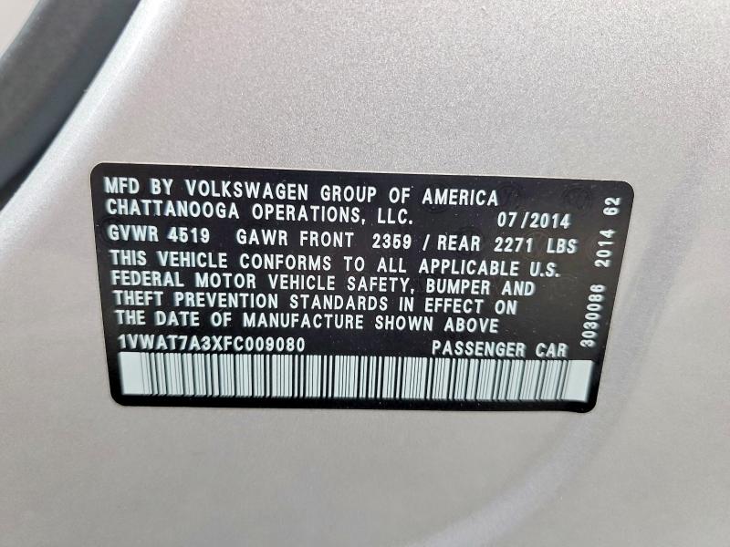 2015 Volkswagen Passat მანქანა იყიდება აუქციონზე, vin: 1VWAT7A3XFC009080, აუქციონის ნომერი: 50096126