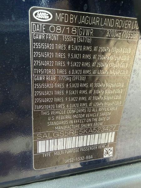 Aukcja sprzedaży 2019 Land Rover Range Rover, vin: SALGS5RE5KA523427, numer aukcji: 51827136