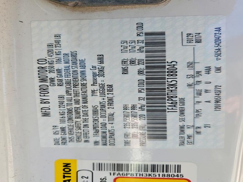 Продажа на аукционе авто 2019 Ford Mustang, vin: 1FA6P8TH3K5188045, номер лота: 48783126