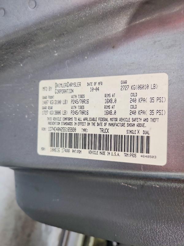 2005 Dodge Dakota მანქანა იყიდება აუქციონზე, vin: 1D7HE48N25S165920, აუქციონის ნომერი: 48876406