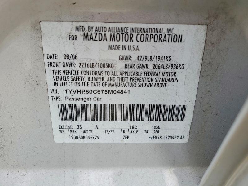 50646016 :رقم المزاد ، 1YVHP80C675M04841 vin ، 2007 Mazda 6 مزاد بيع