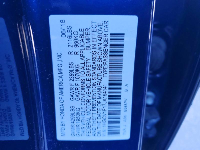 2018 Honda Accord მანქანა იყიდება აუქციონზე, vin: 1HGCV1F17JA194141, აუქციონის ნომერი: 49978976