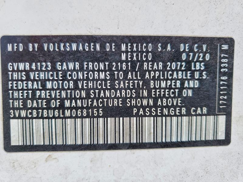 2020 Volkswagen Jetta მანქანა იყიდება აუქციონზე, vin: 3VWCB7BU6LM068155, აუქციონის ნომერი: 49479856