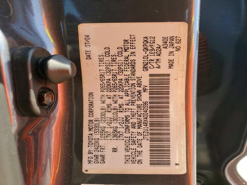 Aukcja sprzedaży 2004 Toyota 4runner, vin: JTEZU14RX40040596, numer aukcji: 50293386