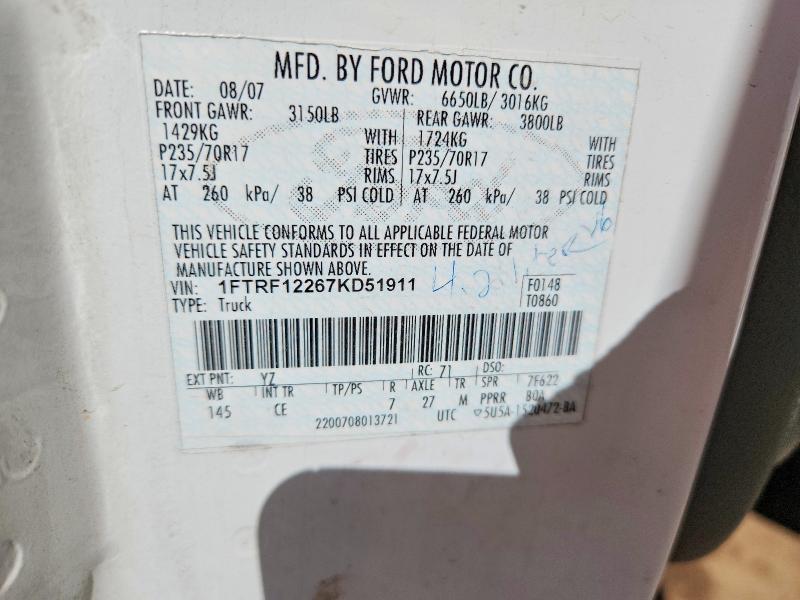 2007 Ford F150 მანქანა იყიდება აუქციონზე, vin: 1FTRF12267KD51911, აუქციონის ნომერი: 50001856