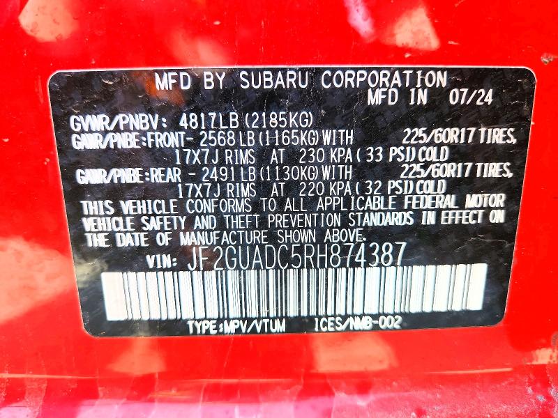 Продажа на аукционе авто 2024 Subaru Crosstrek, vin: JF2GUADC5RH874387, номер лота: 49744136
