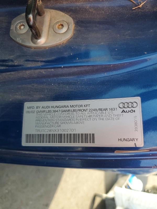 Aukcja sprzedaży 2003 Audi Tt, vin: TRUTC28NX31002701, numer aukcji: 51147426