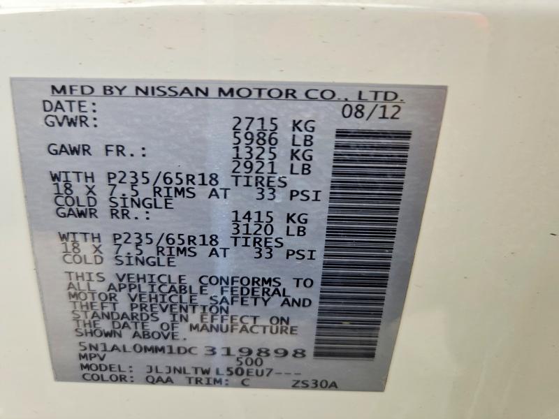49231066 :رقم المزاد ، 5N1AL0MM1DC319898 vin ، 2013 Infiniti Jx35 مزاد بيع