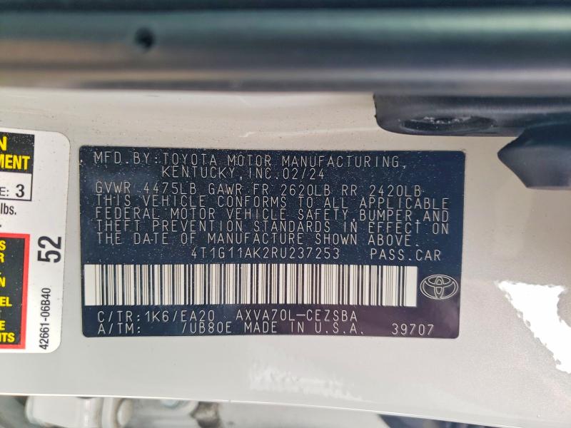 2024 Toyota Camry მანქანა იყიდება აუქციონზე, vin: 4T1G11AK2RU237253, აუქციონის ნომერი: 77203975