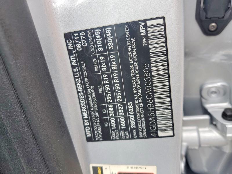 48249886 :رقم المزاد ، 4JGDA5HB6CA003805 vin ، 2012 Mercedes-benz Ml مزاد بيع