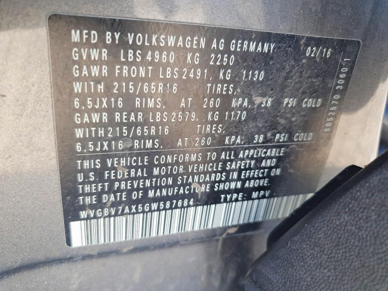Продажа на аукционе авто 2016 Volkswagen Tiguan, vin: WVGBV7AX5GW587684, номер лота: 48860826