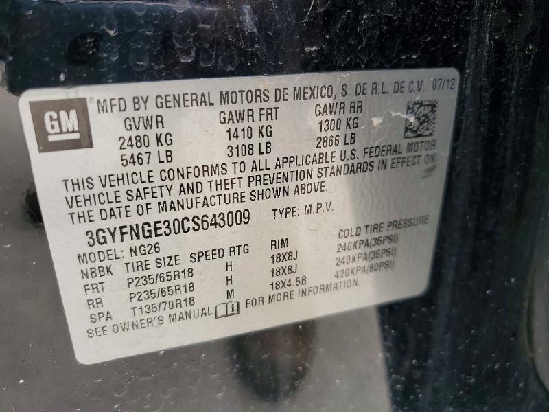 51185116 :رقم المزاد ، 3GYFNGE30CS643009 vin ، 2012 Cadillac Srx مزاد بيع