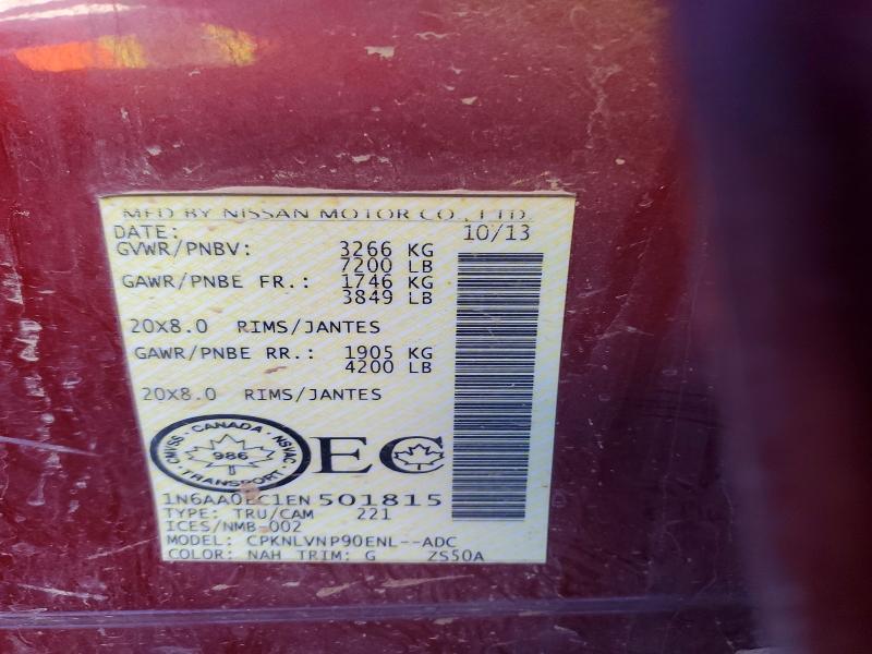 2014 Nissan Titan მანქანა იყიდება აუქციონზე, vin: 1N6AA0EC1EN501815, აუქციონის ნომერი: 49031986