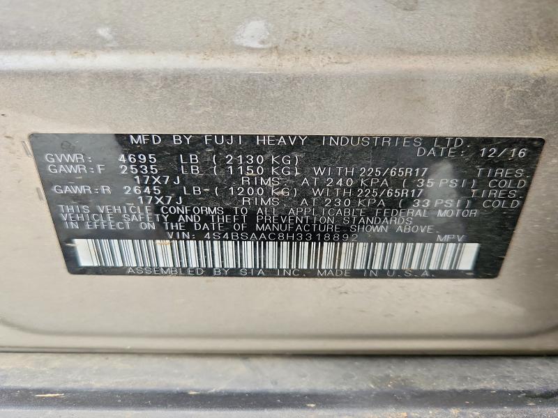 Продаж на аукціоні авто 2017 Subaru Outback, vin: 4S4BSAAC8H3318892, номер лоту: 50787256