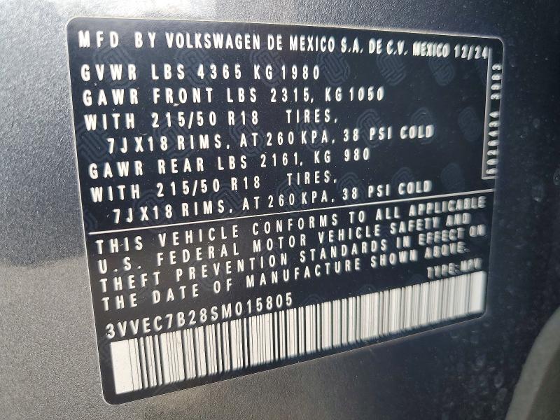 50543026 :رقم المزاد ، 3VVEC7B28SM015805 vin ، 2025 Volkswagen Taos مزاد بيع
