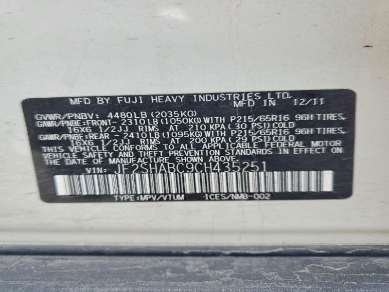 51367116 :رقم المزاد ، JF2SHABC9CH435251 vin ، 2012 Subaru Forester مزاد بيع